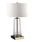 Tall 27 Inch Table Lamp With White Fabric Shade And Seeded Glass Base In Blackened Bronze Finish For Bedroom Nightstand Or Living Room Accent Lighting