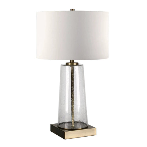 Tall 27 Inch Table Lamp With White Fabric Shade And Seeded Glass Base In Blackened Bronze Finish For Bedroom Nightstand Or Living Room Accent Lighting