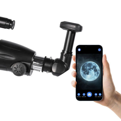WiFi Telescope Eyepiece Cam With 1080P HD 2MP Sensor, Real Time Phone Viewing connected to phone showing moon image