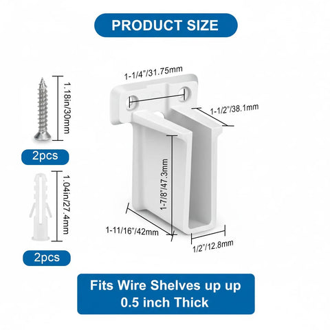 Straight Up Heavy Duty White Plastic Wire End Shelf Brackets Wall Mount Closet Storage Organizers Built Tough Long Lasting Shelving Support Hardware Set dimensions and included screws.