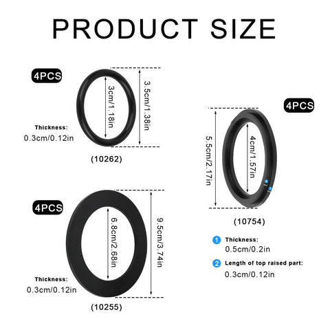 Image of 12 Piece Pool Hose Washer And Ring Replacement Kit With O Rings And Washers For Intex Pool Seal Plunger Valve And Replacement Gasket 10262 10745 10255, showcasing sizes and thicknesses of rubber O-rings and washers.