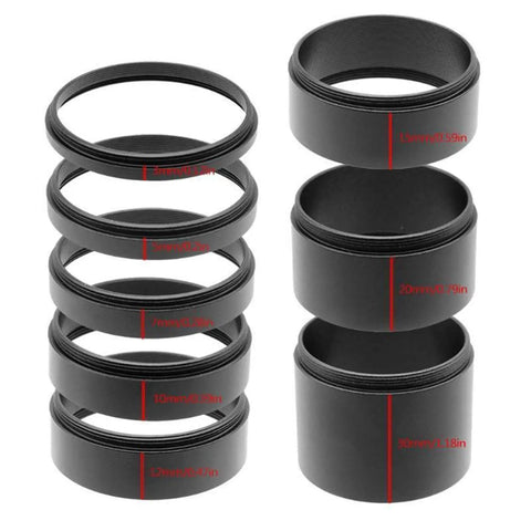 Rugged Metal Telescope Extension Tube Kit With T2 Threads M42x0.75 Eight Piece Spacers, sizes 3 to 30mm, full metal construction.