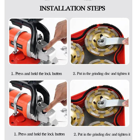 Installation steps for Beast Mode Corded Angle Grinder 2800W showing how to hold lock button and insert grinding disc.