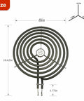 8 Inch Large Surface Electric Stove Burner Coil Replacement For GE 6 Turn Range With Plug And Play Terminals 2350W 1765W Easy Install Fit For Your Home Cooktop By AMI PARTS shown with measurements and plug-in terminals.