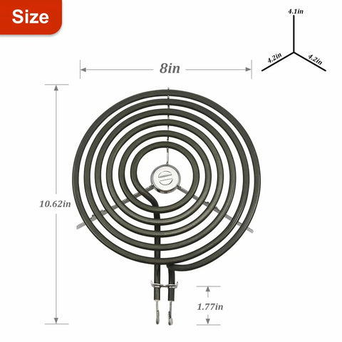 8 Inch Large Surface Electric Stove Burner Coil Replacement For GE 6 Turn Range With Plug And Play Terminals 2350W 1765W Easy Install Fit For Your Home Cooktop By AMI PARTS shown with measurements and plug-in terminals.