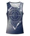 Men's Fly Slim Fit All Over Print Compression Tank Top Featuring Cold Tone Mechanical Square Tech Design And Breathable Moisture Wicking Fabric For Gym Grinds in blue geometric print.