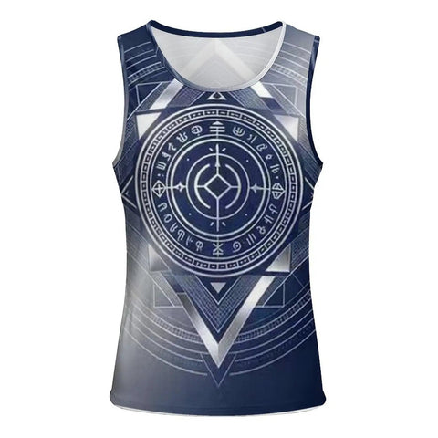 Men's Fly Slim Fit All Over Print Compression Tank Top Featuring Cold Tone Mechanical Square Tech Design And Breathable Moisture Wicking Fabric For Gym Grinds in blue geometric print.