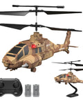 Brown Missile Launch RC Helicopter with 10 Reusable Missiles and LED Lights, includes remote control.