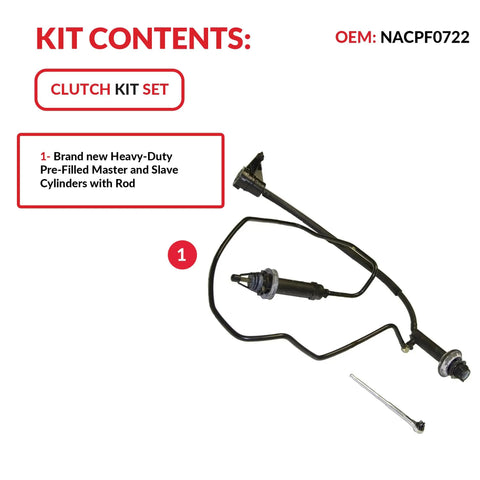 No Sweat Heavy Duty Pre Bled Clutch Master And Slave Cylinder Kit With Fluid Hose For Ford Super Duty F250 F350 F450 F550 99 03 7.3 Diesel showing new pre-filled cylinders and connection rod.
