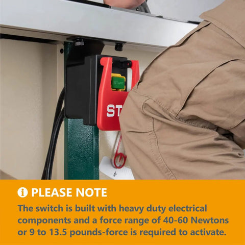 Heavy Duty Workhorse Plug And Play Dual Voltage Paddle Switch With Deep Gang Box mounted on shop machinery, showing start and stop function.