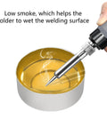 Hand holding soldering iron near Premium Solder Rosin Flux Paste For Circuit Boards And Electronics Repair in metal container