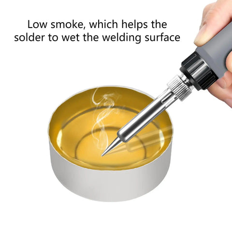 Hand holding soldering iron near Premium Solder Rosin Flux Paste For Circuit Boards And Electronics Repair in metal container