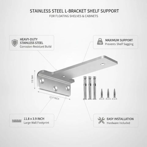Heavy Duty Stainless Steel L Bracket Shelf Support Wall Mount For Floating Shelves And Cabinets 11.8 Inch By 3.9 Inch Brushed Finish