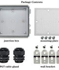 Package contents of IP67 Waterproof Junction Box With Hinged Clear Cover Stainless Steel Buckle Plastic Project Enclosure Includes Mounting Plate Wall Bracket And 4 Cable Glands For DIY Electrical Projects Rugged Outdoor Ready.