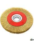 Heavy Duty Eight Inch Brass Wire Brush Wheel For Bench Grinder With Ten Piece Arbor Insert Kit To Knock Out Rust Strip Paint Polish And Deburr Smooth As Glass, close-up view.