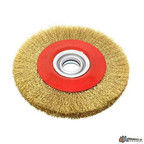 Heavy Duty Eight Inch Brass Wire Brush Wheel For Bench Grinder With Ten Piece Arbor Insert Kit To Knock Out Rust Strip Paint Polish And Deburr Smooth As Glass, close-up view.