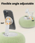 Magnetic Phone Pillow Stand For Bed And Desk With Snack Bowl And Two Magnetic Rings Hands Free Holder shown with a green soft base
