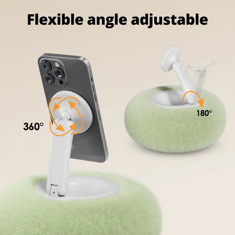 Magnetic Phone Pillow Stand For Bed And Desk With Snack Bowl And Two Magnetic Rings Hands Free Holder shown with a green soft base