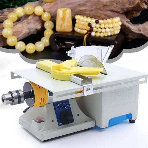 DIY Jewelry Lapidary Saw And Polisher Kit With 1.18 Inch Cut Depth, mini table saw with grinding wheel, jewelry in background