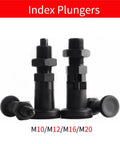 Built Tough Self Locking Return Indexing Pin Plunger With Sturdy Black Plastic Knob for precise jig alignment, M10/M12/M16/M20 sizes.