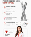 Display of Soft Close Drawer Slides 14 Inch Side Mount Glides, screws, packaging, and customer support illustration.