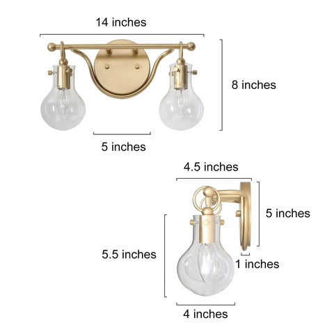 Two Light Gold Vanity Light With Clear Glass Shades For Bathroom, modern decanter style fixture, dimensions and size details.