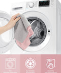 Fantasticlean microfiber cleaning cloths, pink and gray, 12x12 inches, reusable and washable near a washing machine