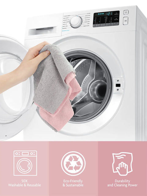 Fantasticlean microfiber cleaning cloths, pink and gray, 12x12 inches, reusable and washable near a washing machine