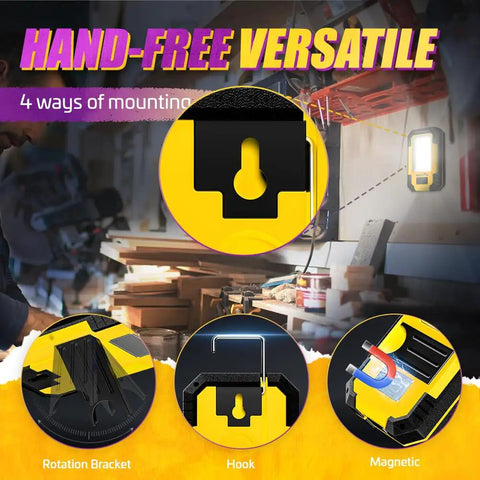 Rechargeable Magnetic LED Work Light 1200 Lumens Portable Mechanic Lamp For Camping And Car Repairing USB Charging 3600mAh Battery Built Tough Aluminum Yellow with four mounting options: rotation bracket, hook, and magnetic base.