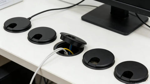Premium Desktop Grommet Covers Slick Cable Organizers Hella Tough ABS Plastic Wire Routing Kit For Working From Home Office Setup No Mess Cord Management 5 Pack Black Two Point Five Inch Opening Sweet Fit Design on a desk.