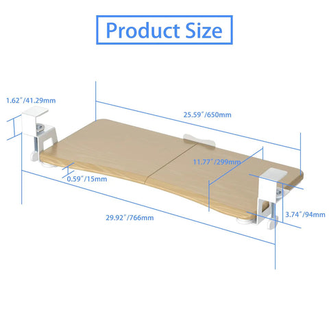Slick Under Desk Keyboard Tray With Heavy Duty C Clamp Mount, dimensions showing ergonomic pull out platform size 25.59x11.77 inch.