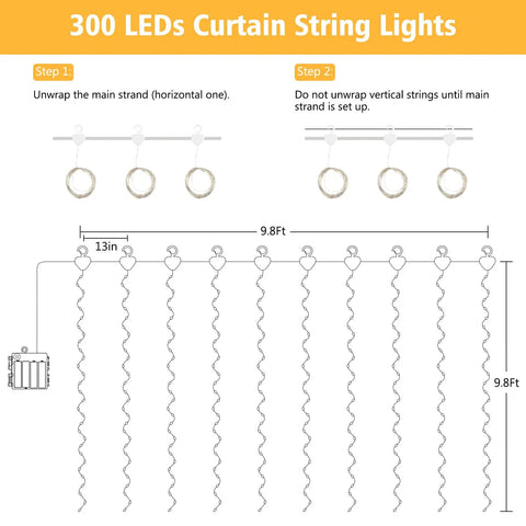 Curtain Lights Battery Operated 300 LED Fairy String Lights 9.8 Foot By 9.8 Foot Backdrop setup instructions illustration