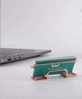 Rose Gold Dope Metal Card Holder For Desk Sleek Card Organizer For Men And Women Large Capacity 3.9x1.9 Inches on desk with cards