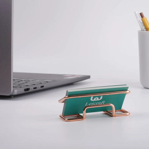 Rose Gold Dope Metal Card Holder For Desk Sleek Card Organizer For Men And Women Large Capacity 3.9x1.9 Inches on desk with cards