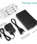 Beefy Dual Output 12V And 5V Portable Li-Ion Battery Pack With charger and cables, 66.6Wh power bank package contents.