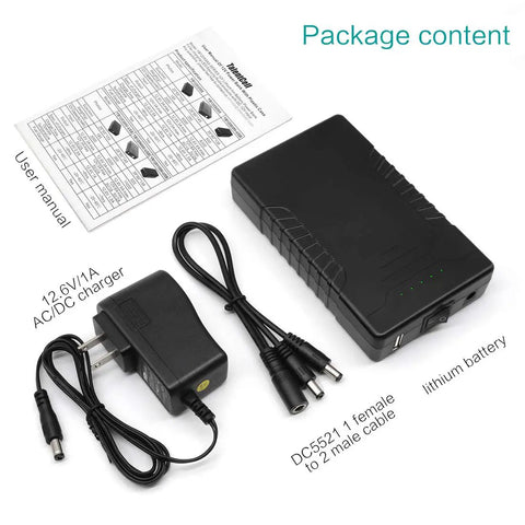 Beefy Dual Output 12V And 5V Portable Li-Ion Battery Pack With charger and cables, 66.6Wh power bank package contents.