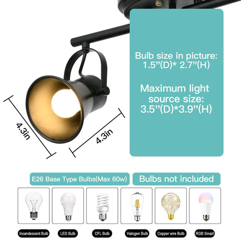 Adjustable head of 4 Light Track Lighting Kit in Industrial Black Finish with bulb size chart, for kitchen, living room, or hallway use.