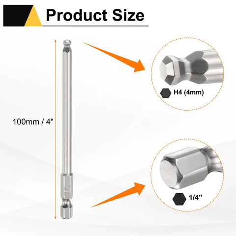 5 Piece Magnetic Ball End Hex Screwdriver Bit Set H4 4mm With One Quarter Inch Hex Shank 100mm Long S2 Steel Metric Bits For Power Tools And DIY Projects Pro Grade size detail