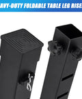 Heavy Duty Square Table Leg Extenders With Three Step Adjustable Heights And Secure Locking Bolts For Folding Dining Tables, black risers with twist locks.