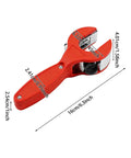 Ratcheting Tubing Cutter Pro Grade Workhorse Adjustable Tube Cutter Tool in red showing size dimensions for copper, PVC, brass, aluminum tubing.