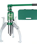 Heavy Duty Hydraulic Gear Puller And Bearing Separator With Adjustable Jaws Portable Storage Case For Automotive Repair displayed with green handle and silver jaws.