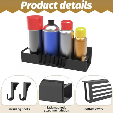 Quad Pack Magnetic Spray Can Holders showing front view with hooks and magnetic back, designed to hold paint, oils, and aerosol cans.