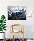 Blue Train On Stone Bridge Wall Art Canvas Print Vintage Locomotive Steam Engine Poster For Living Room Bedroom Decor Modern Home Style 20x30 Inches Unframed