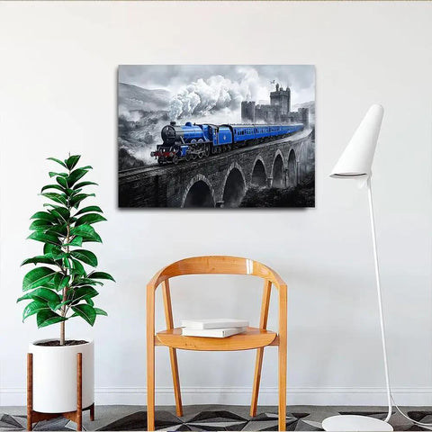Blue Train On Stone Bridge Wall Art Canvas Print Vintage Locomotive Steam Engine Poster For Living Room Bedroom Decor Modern Home Style 20x30 Inches Unframed