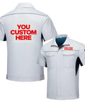 Custom Printed Multi Pocket Short Sleeve Industrial Work Shirt Personalized Warehouse Workwear Uniform Built Different For Logistics Crews Crushing The Grind, gray with customizable areas.