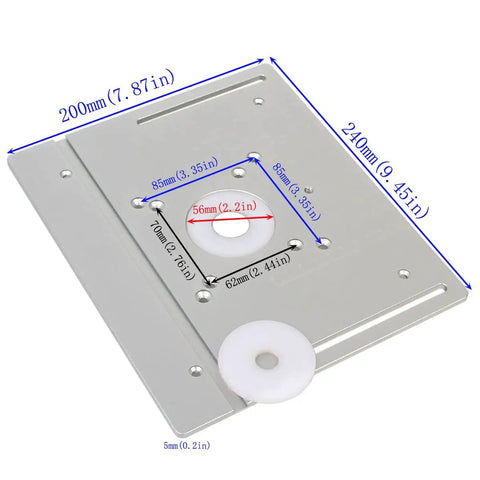 Heavy Duty Premium Aluminum Router Table Insert Plate Featuring Precision Miter Gauge Track and Anodized Fence Sliding Brackets for DIY Woodworking Shops, measuring 240mm by 200mm.