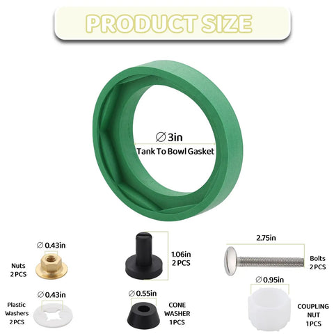 3 Inch Toilet Tank To Bowl Coupling Kit Compatible With Champion 4 shown with gasket, bolts, nuts, washers, and coupling nut