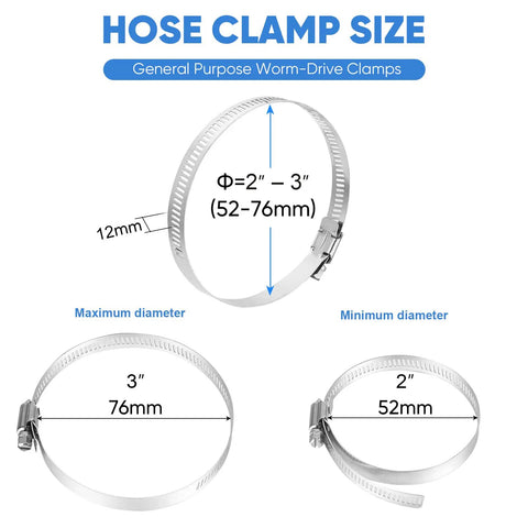 Heavy Duty 12 Piece Hose Clamp Set For 2 To 3 Inch Pipes, 304 stainless steel illustration of size and dimensions