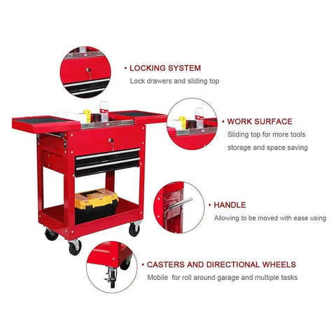 Mobile Tool Cart On Wheels For Garage And Workshop Heavy Duty Rolling Organizer With Directional Wheels Two Drawer Chest