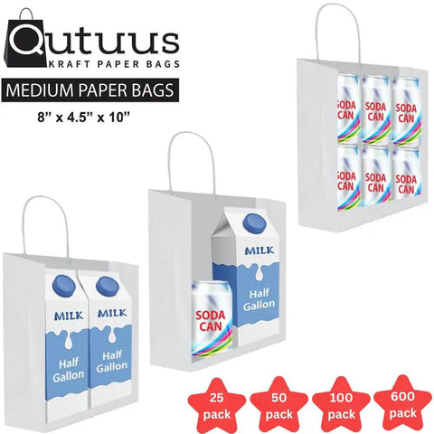 White Paper Gift Bags With Handles Bulk 25 Pcs 8x4.5x10 Medium Size For Gifts Valentines Shopping Retail Sturdy Twisted Handles